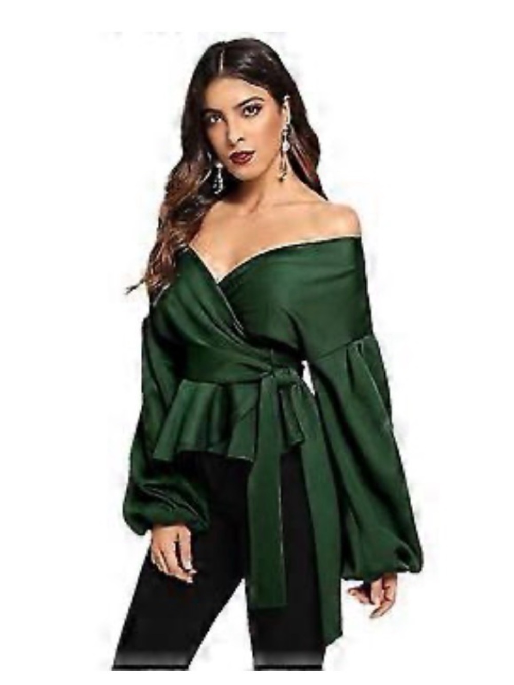 Off-Shoulder Wrap Peplum Blouse - Emerald Green